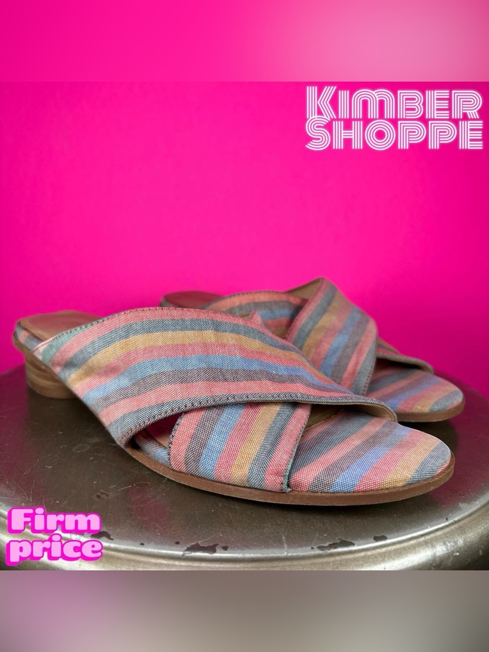 Madewell The Ruthie Rainbow Stripe Fabric Crisscross Mule Heeled Sandal US 7.5